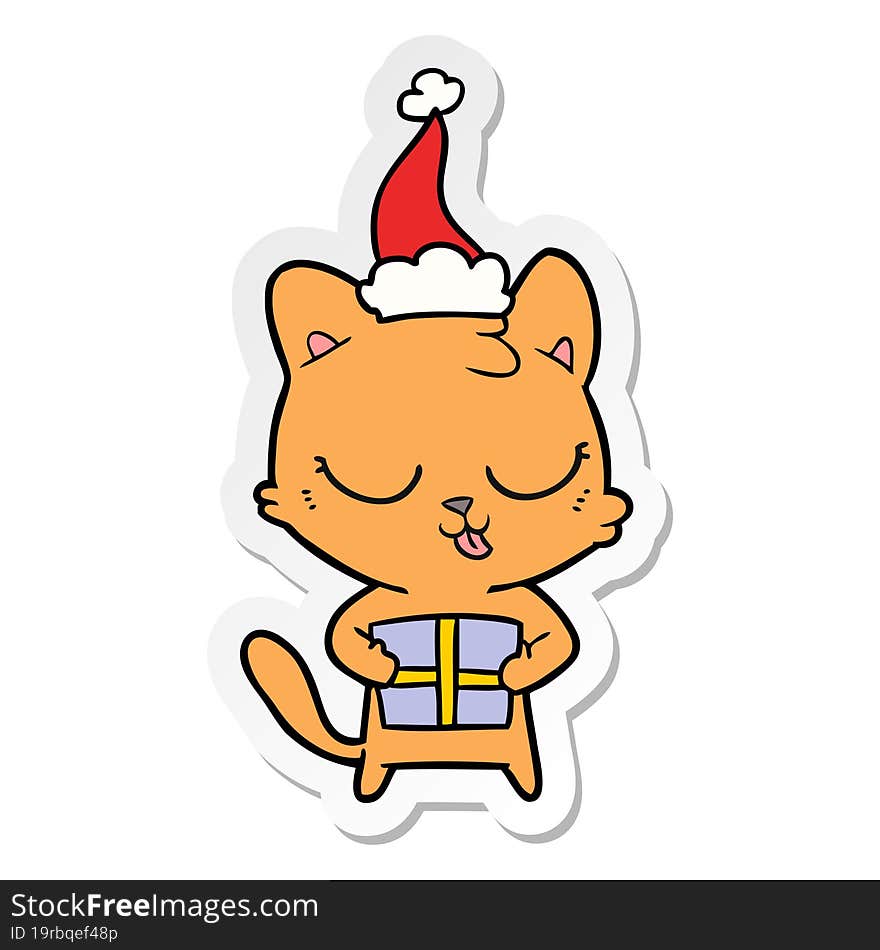 cute hand drawn sticker cartoon of a cat wearing santa hat. cute hand drawn sticker cartoon of a cat wearing santa hat