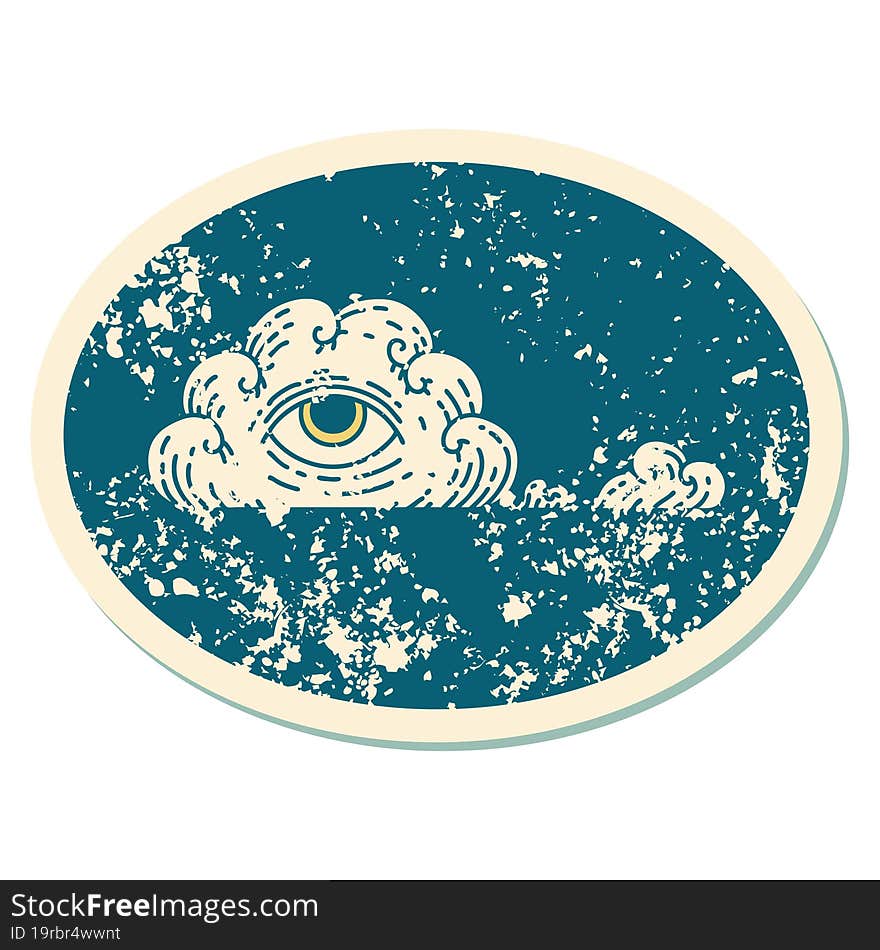 distressed sticker tattoo style icon of an all seeing eye cloud