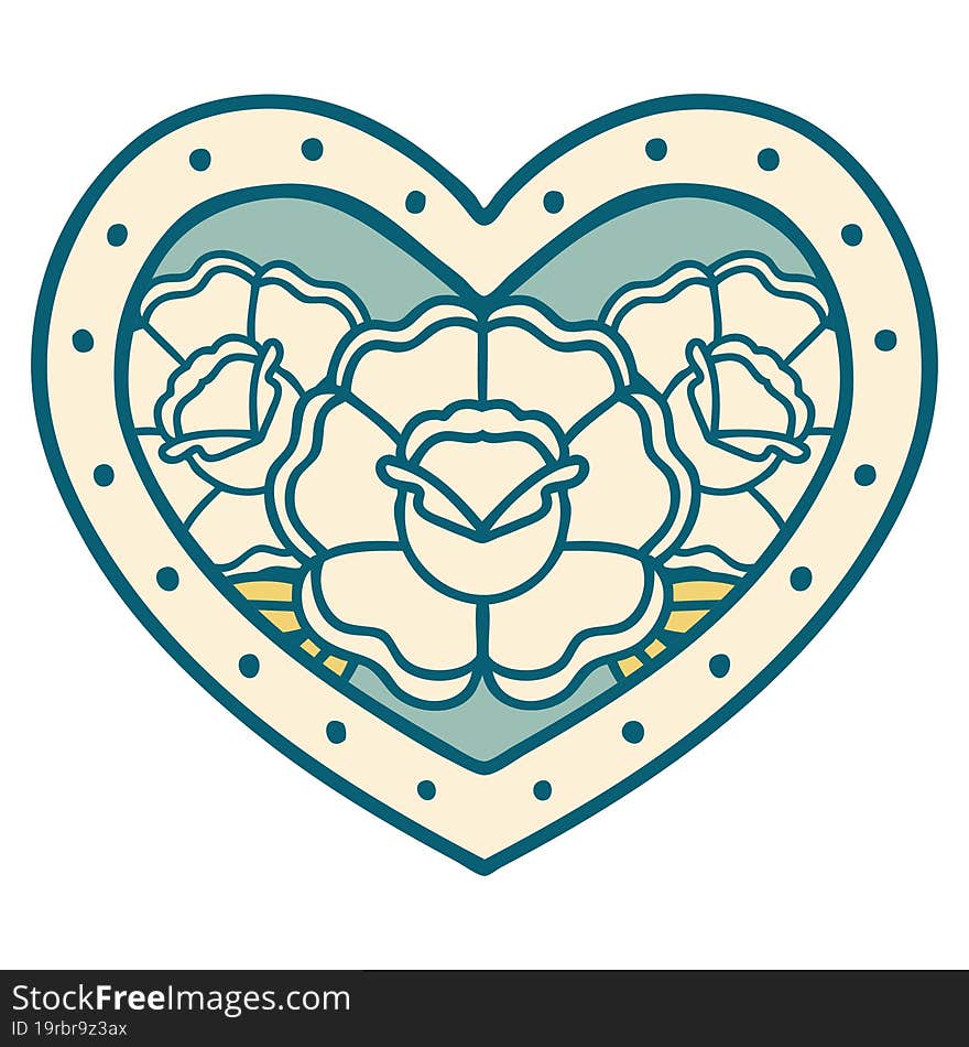 iconic tattoo style image of a heart and flowers. iconic tattoo style image of a heart and flowers