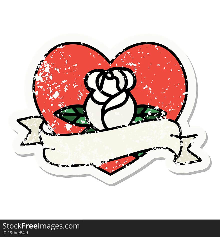 distressed sticker tattoo in traditional style of a heart rose and banner. distressed sticker tattoo in traditional style of a heart rose and banner