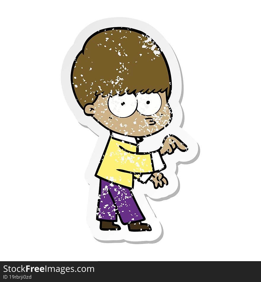 distressed sticker of a nervous cartoon boy