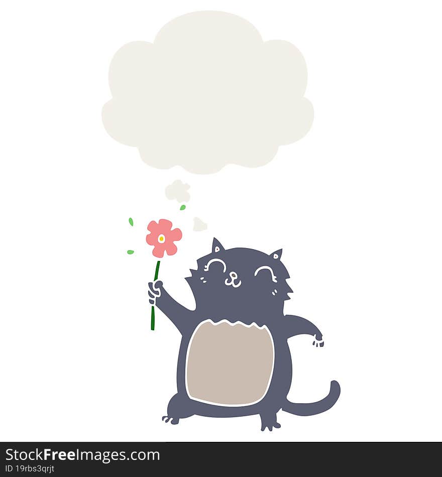 cartoon cat with flower and thought bubble in retro style