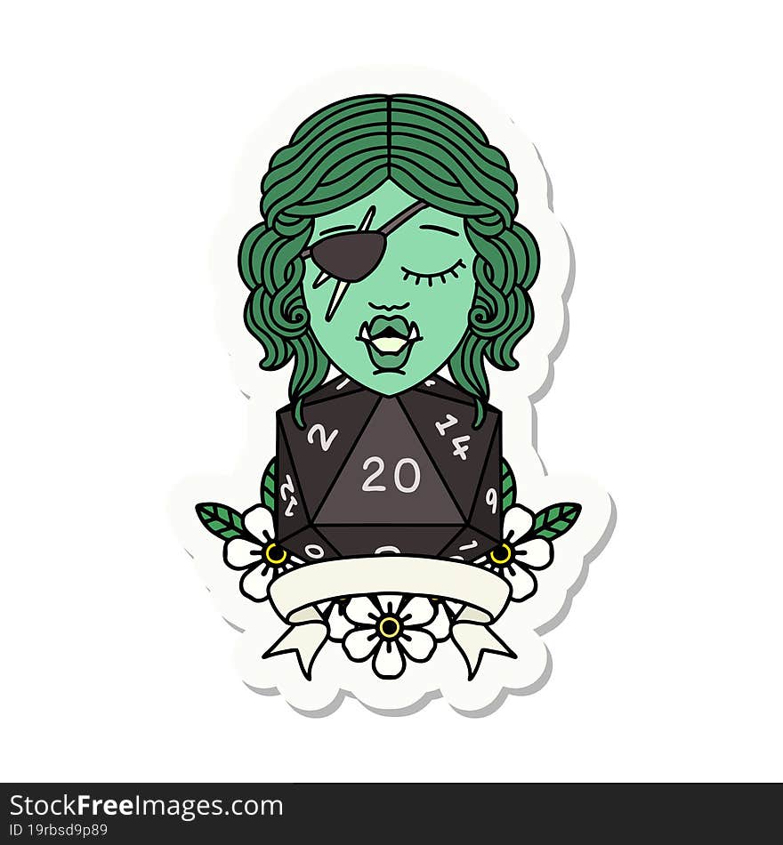 sticker of a half orc rogue character with natural twenty dice roll. sticker of a half orc rogue character with natural twenty dice roll