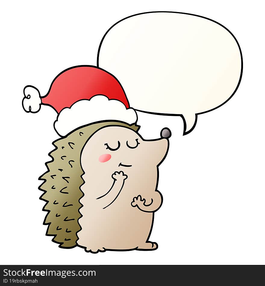 cartoon hedgehog wearing christmas hat and speech bubble in smooth gradient style