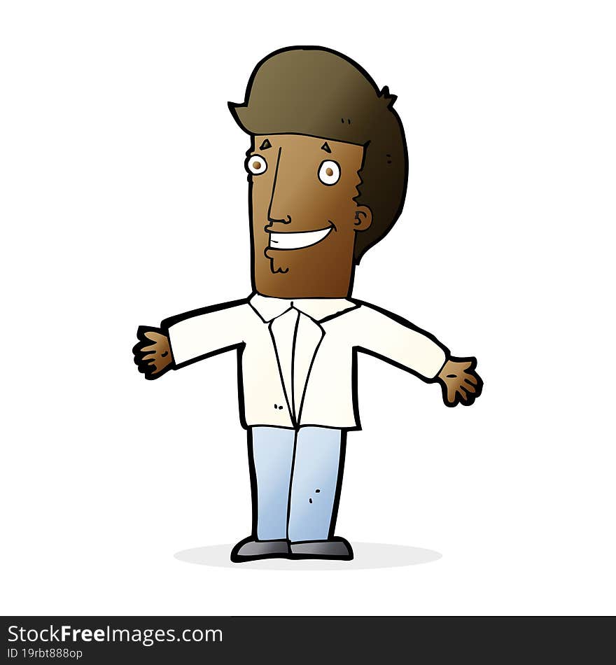 cartoon grining man with open arms