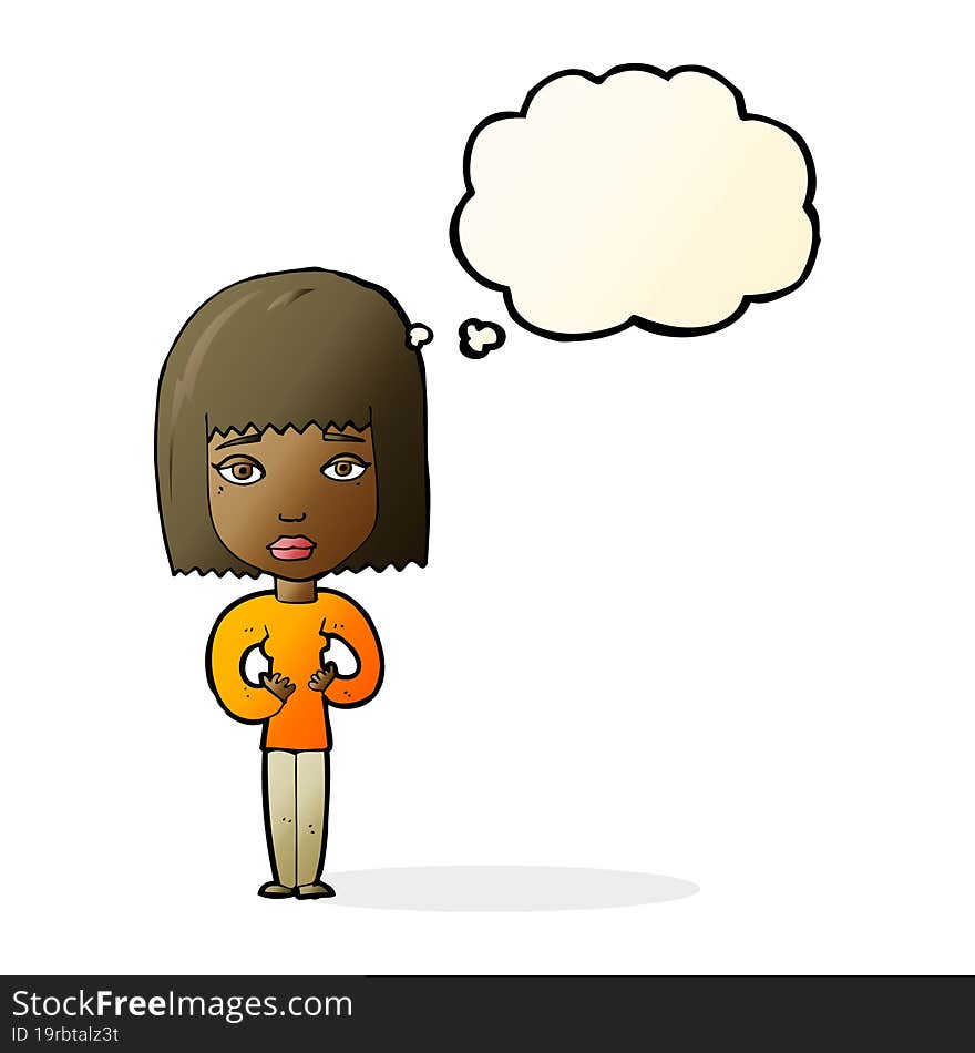 cartoon woman indicating self with thought bubble