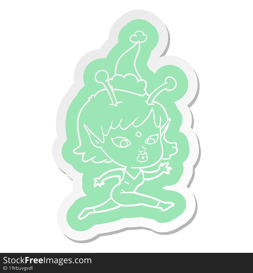 pretty cartoon  sticker of a alien girl running wearing santa hat