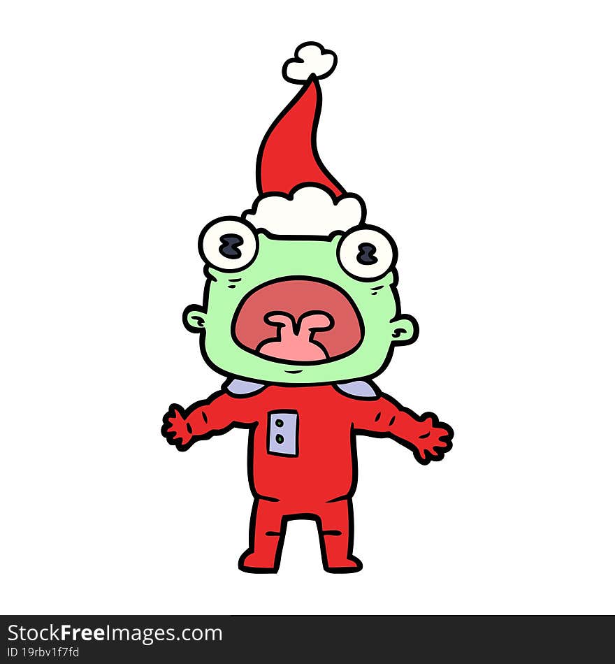 hand drawn line drawing of a weird alien communicating wearing santa hat