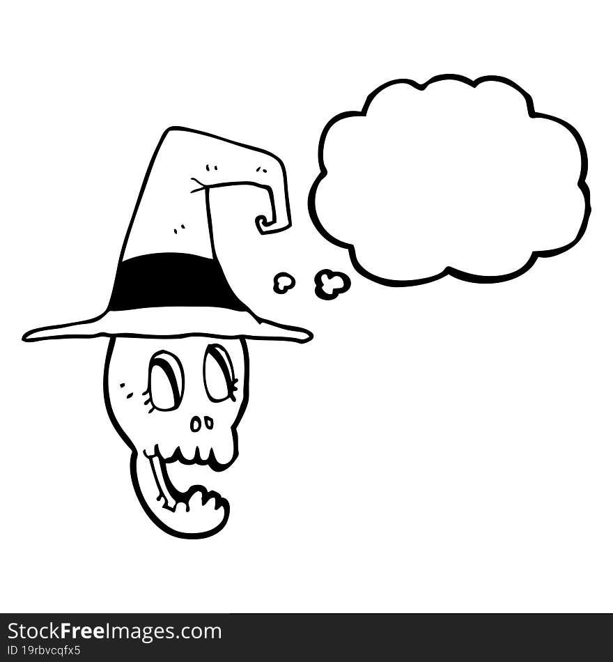 freehand drawn thought bubble cartoon skull wearing witch hat