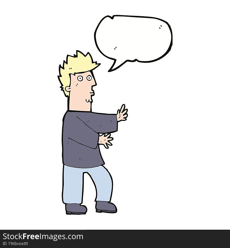 cartoon nervous man waving with speech bubble