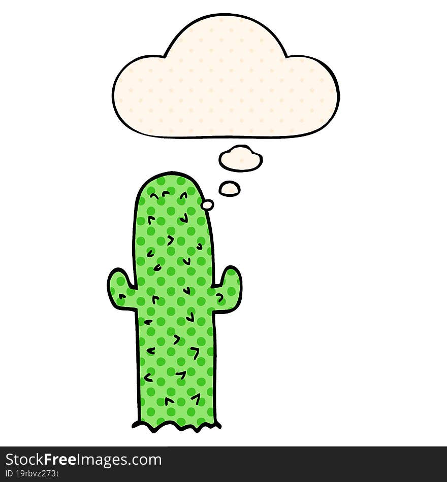 cartoon cactus and thought bubble in comic book style