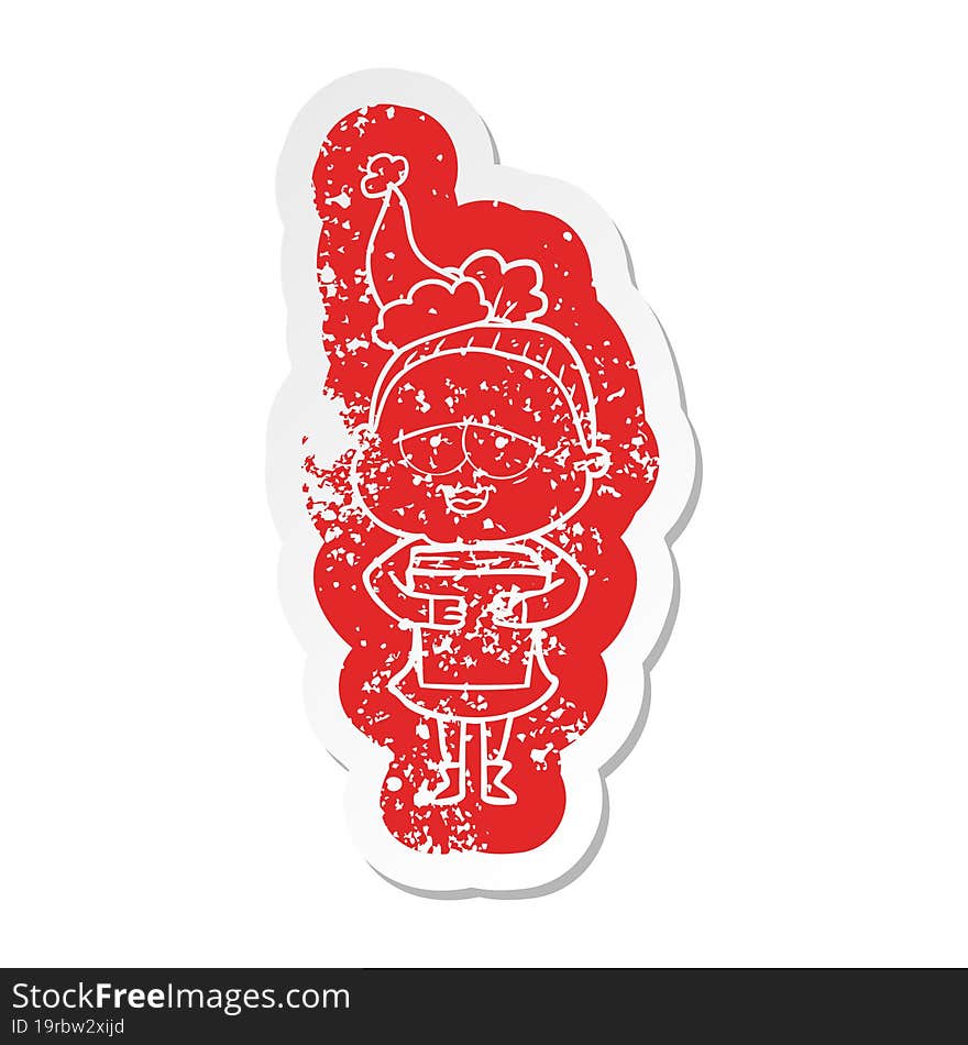 quirky cartoon distressed sticker of a happy old lady wearing santa hat