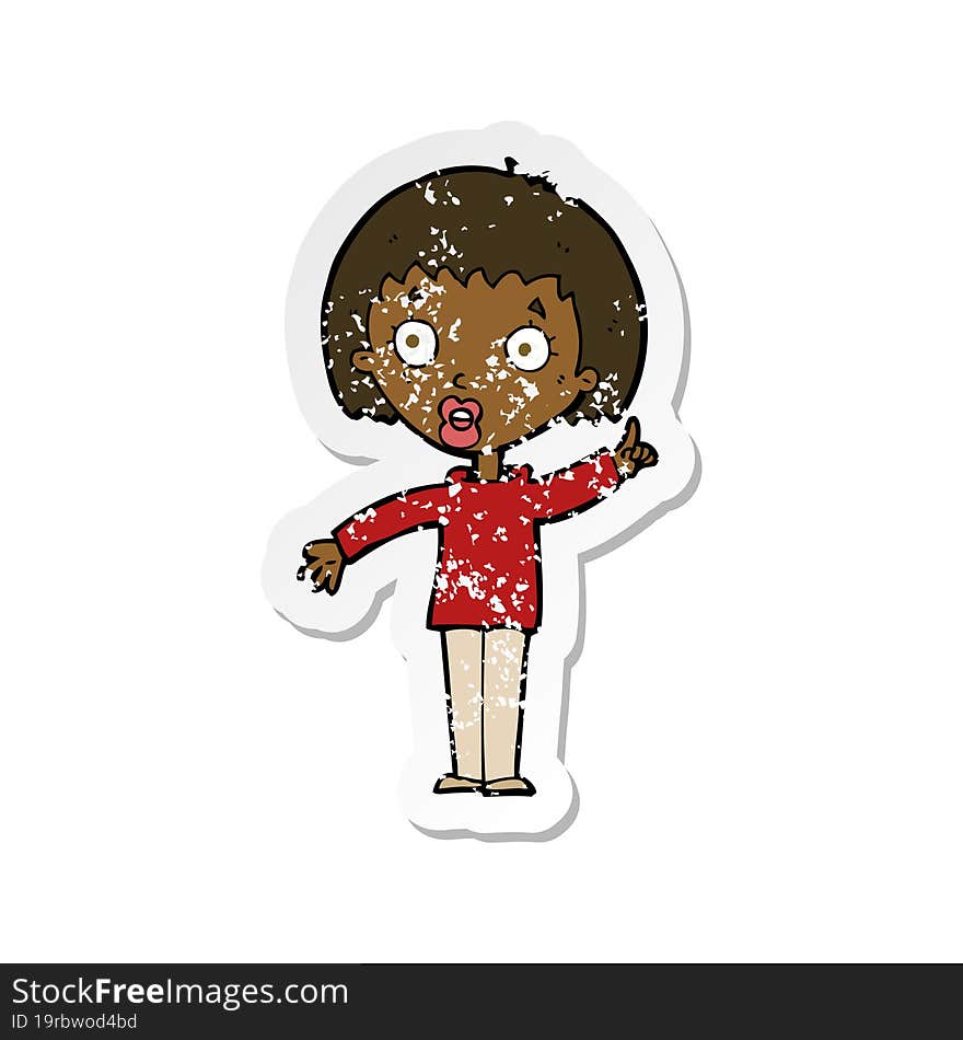 retro distressed sticker of a cartoon woman explaining her point