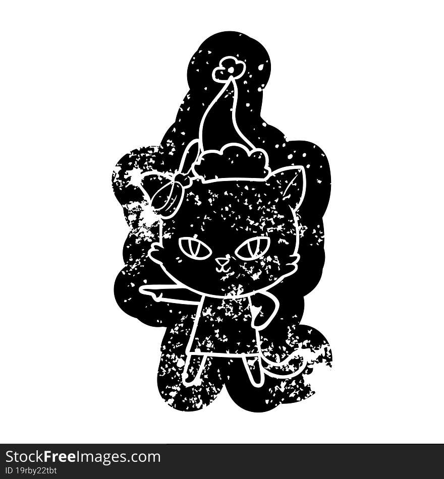 cute cartoon distressed icon of a cat wearing dress wearing santa hat