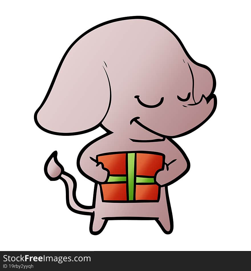 cartoon smiling elephant with present. cartoon smiling elephant with present