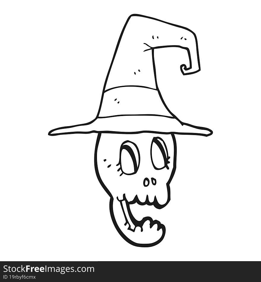 black and white cartoon skull wearing witch hat