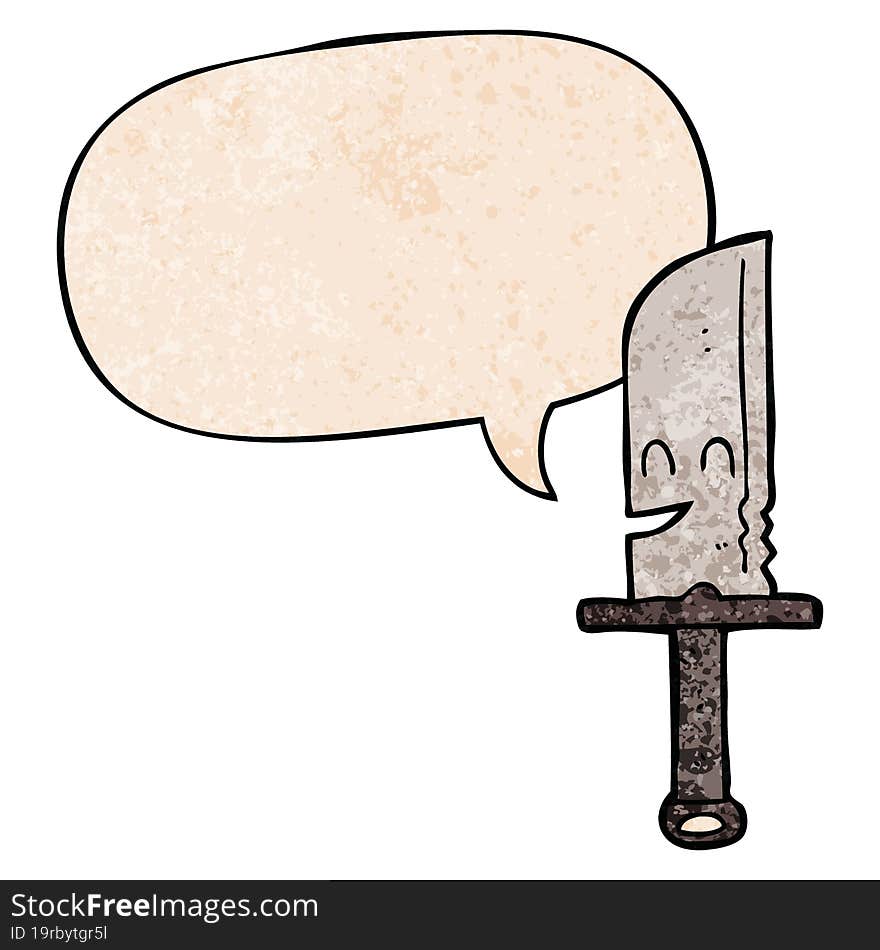 cartoon knife and speech bubble in retro texture style