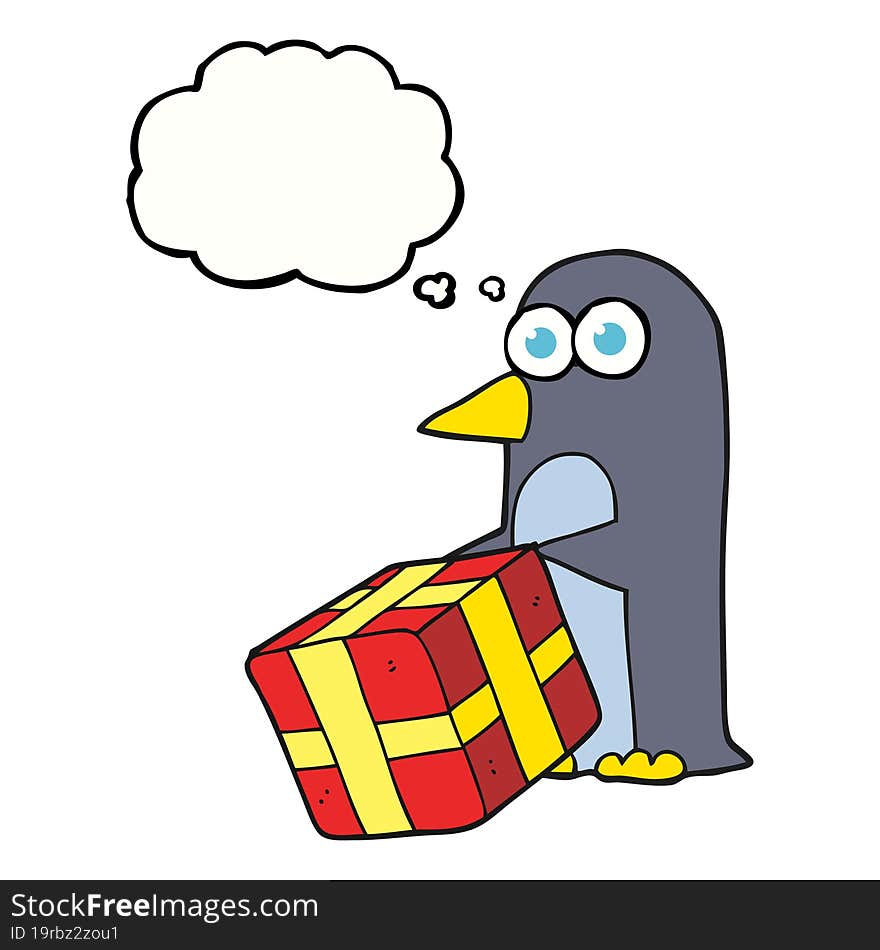 Thought Bubble Cartoon Penguin With Christmas Present