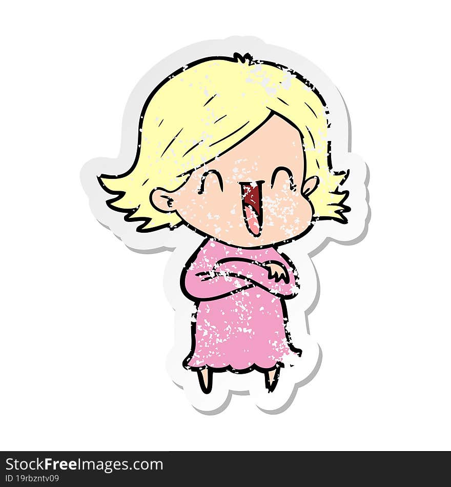 distressed sticker of a cartoon happy woman