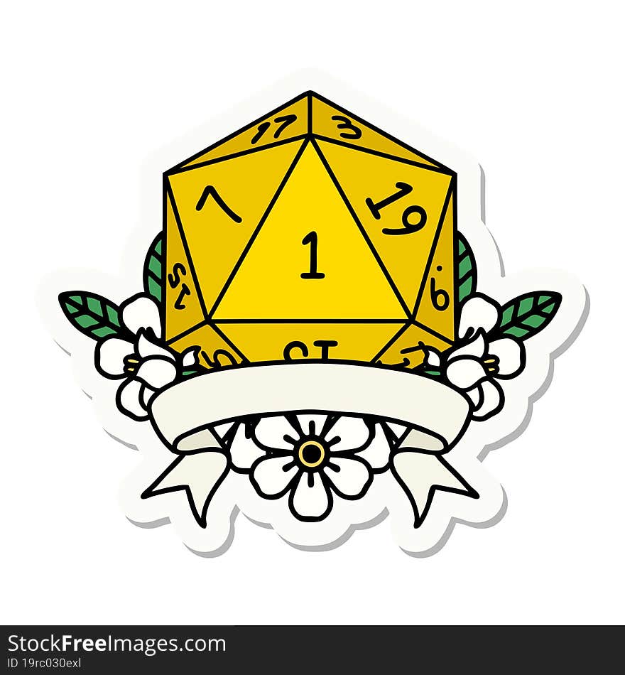 sticker of a natural one d20 dice roll. sticker of a natural one d20 dice roll