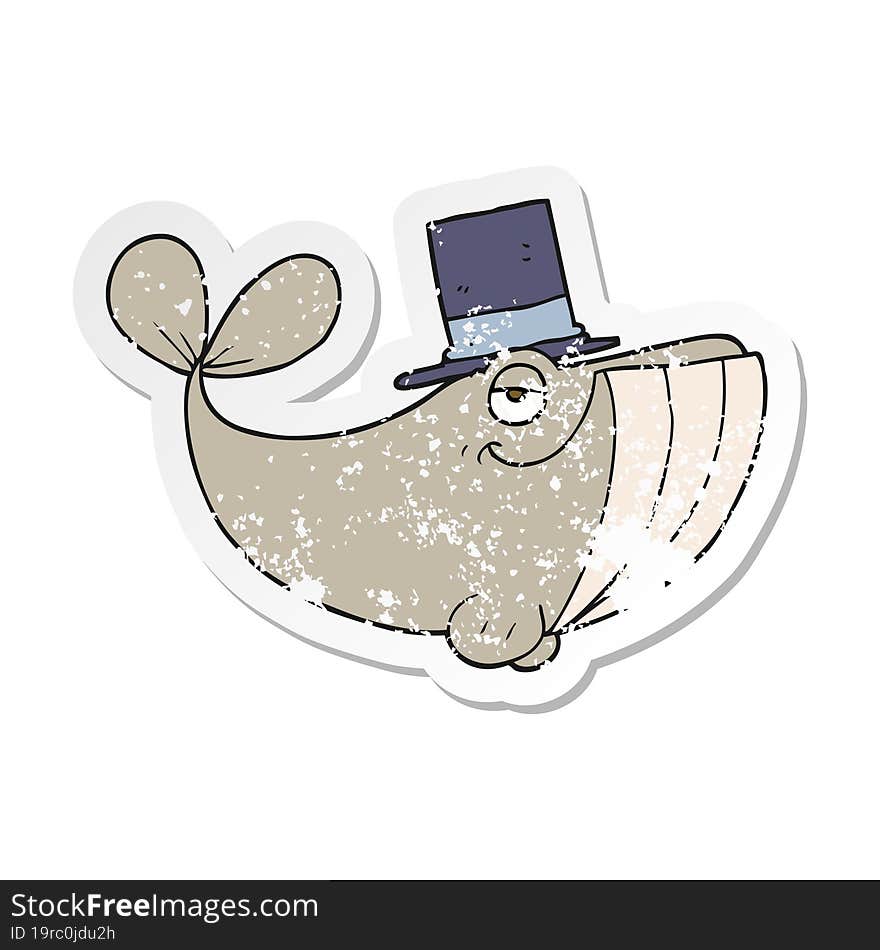 retro distressed sticker of a cartoon whale wearing top hat