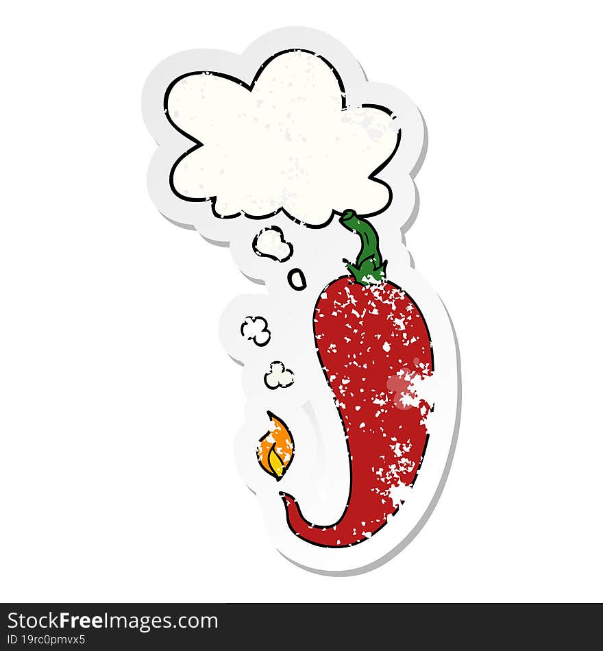 cartoon chili pepper and thought bubble as a distressed worn sticker