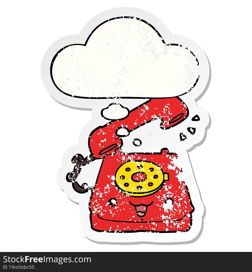 cute cartoon telephone and thought bubble as a distressed worn sticker