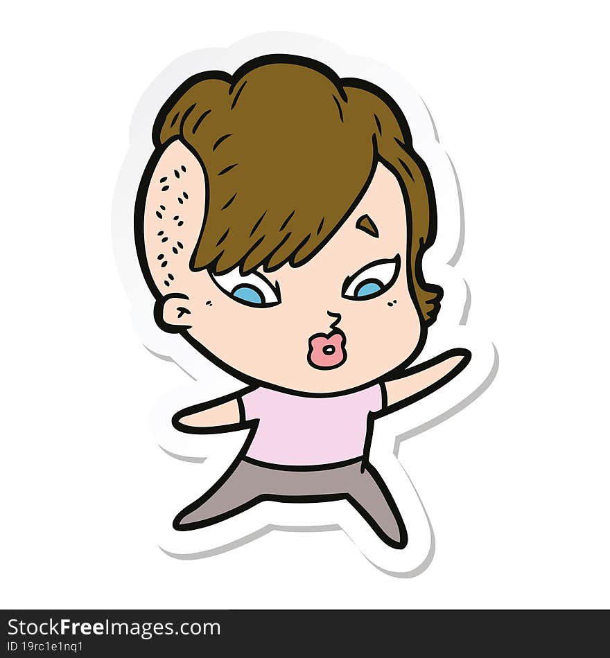 sticker of a cartoon surprised girl pointing