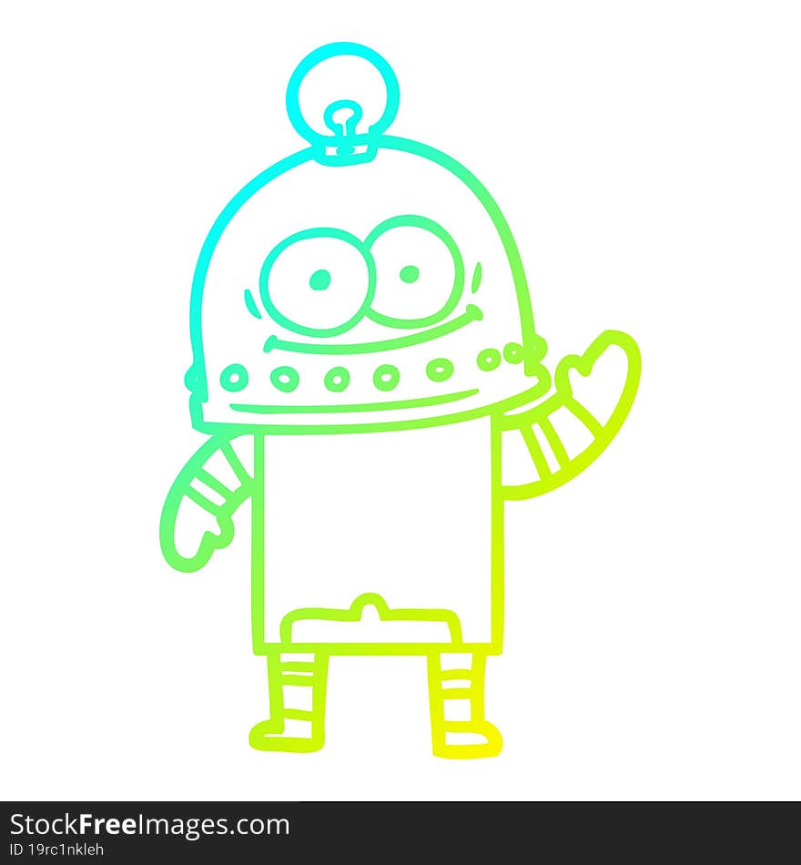 Cold Gradient Line Drawing Happy Carton Robot With Light Bulb