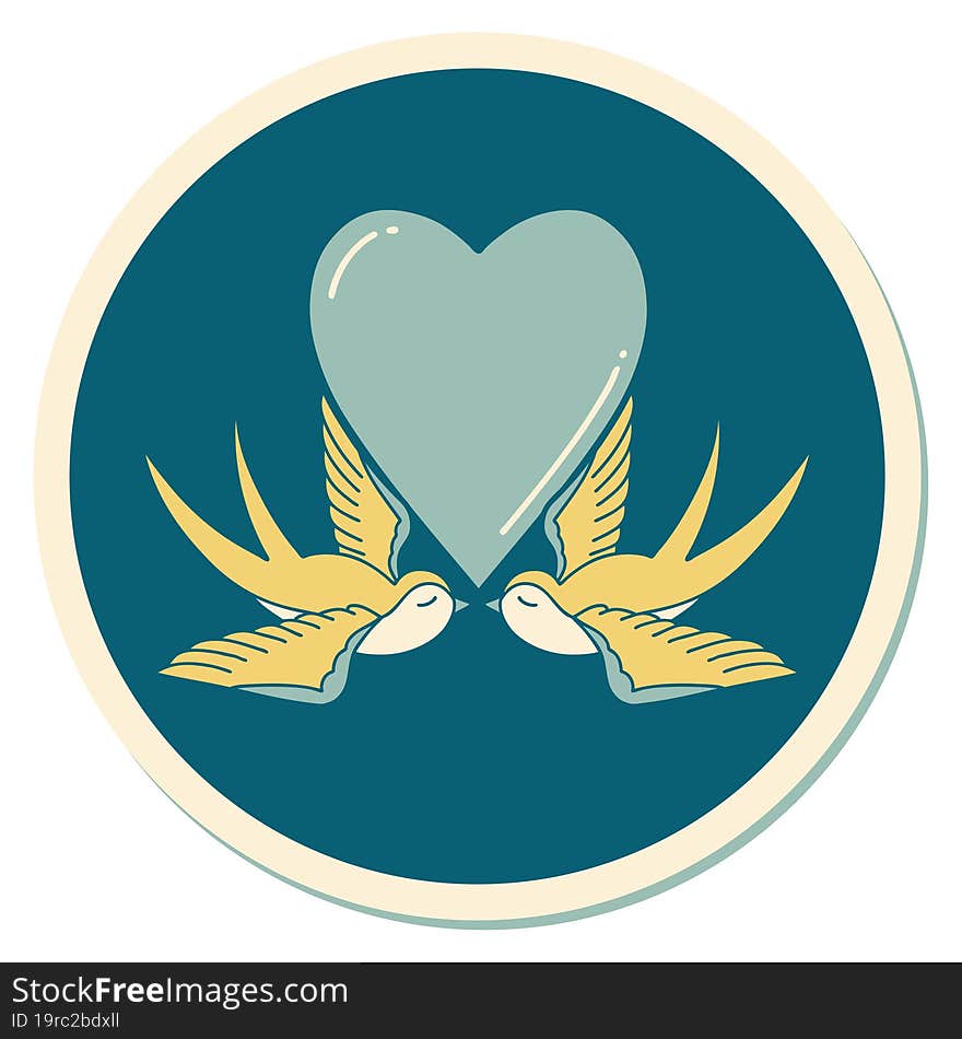 sticker of tattoo in traditional style of swallows and a heart. sticker of tattoo in traditional style of swallows and a heart