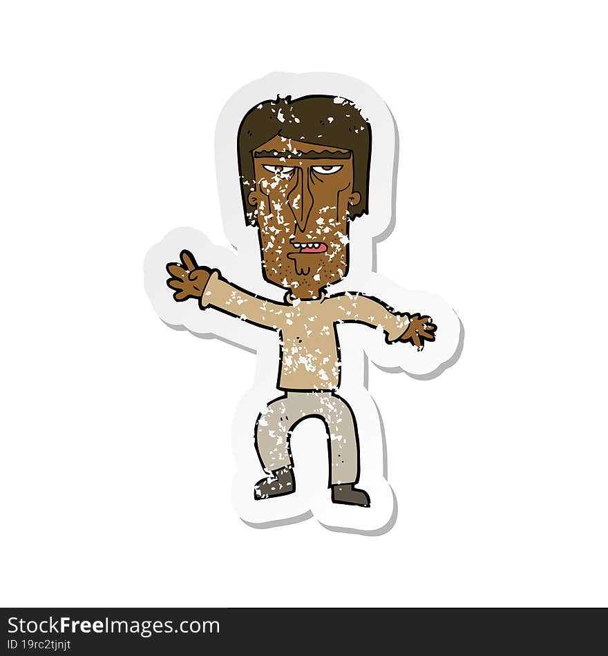 Retro Distressed Sticker Of A Cartoon Angry Man Waving Warning