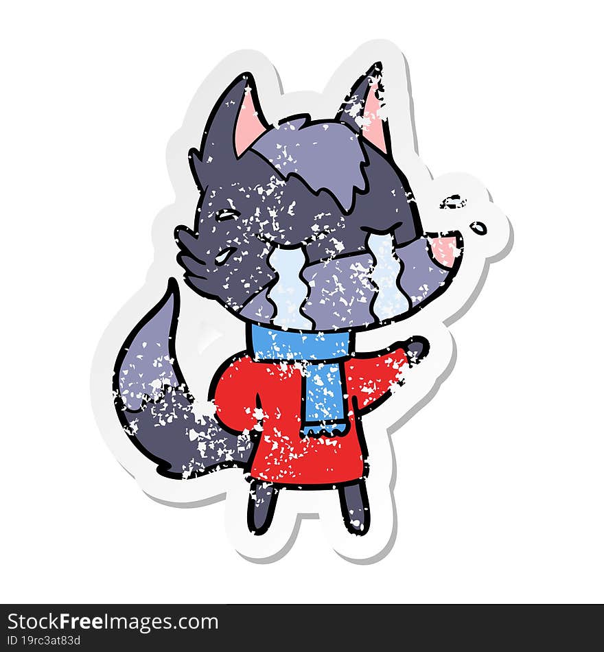 distressed sticker of a cartoon crying wolf