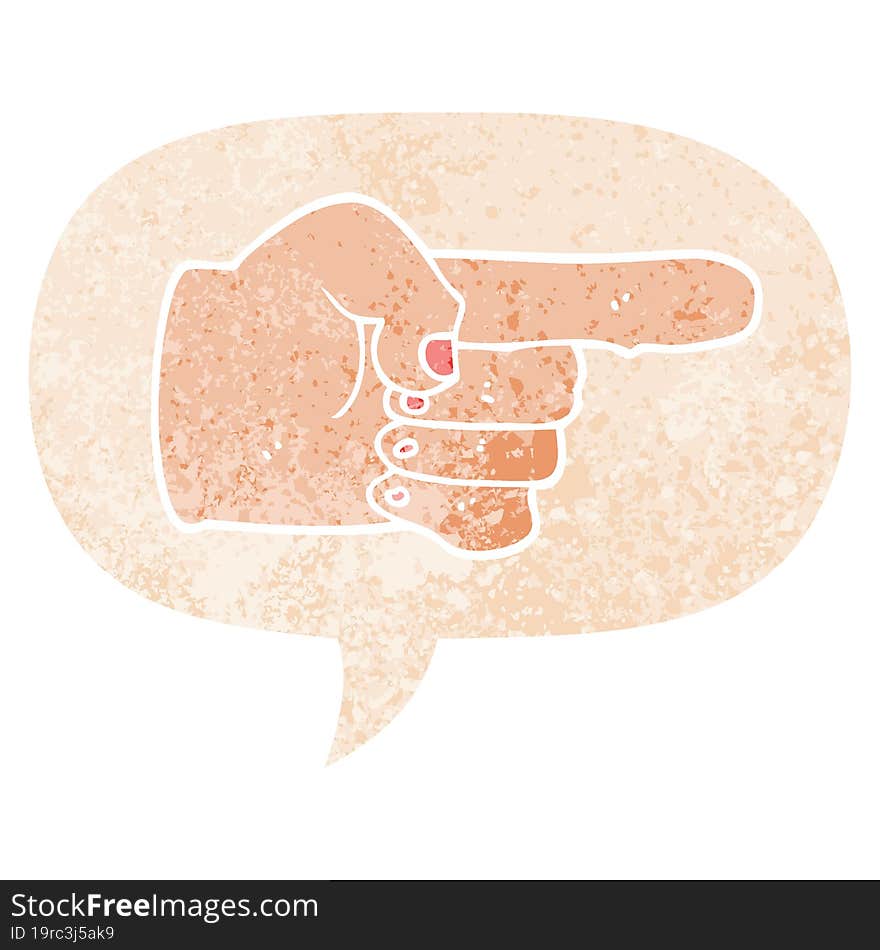 cartoon pointing hand and speech bubble in retro textured style