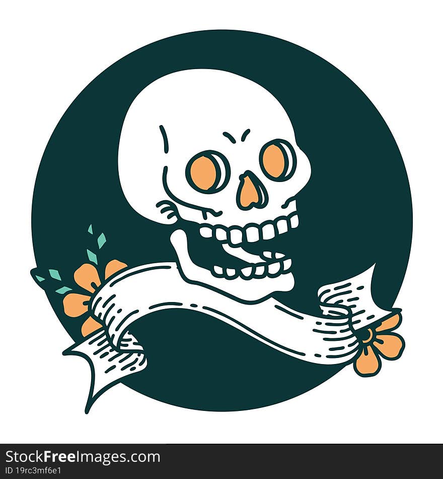 tattoo style icon with banner of a skull