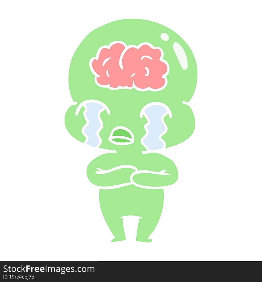 flat color style cartoon big brain alien crying