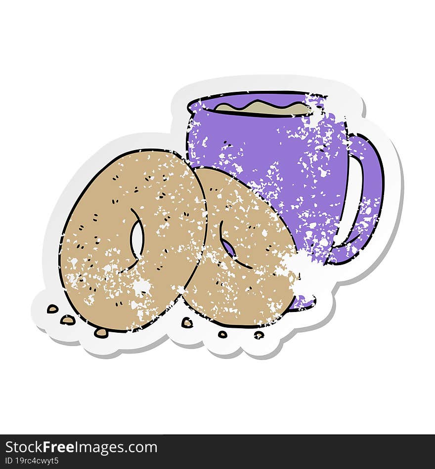 Distressed Sticker Of A Cartoon Coffee And Donuts