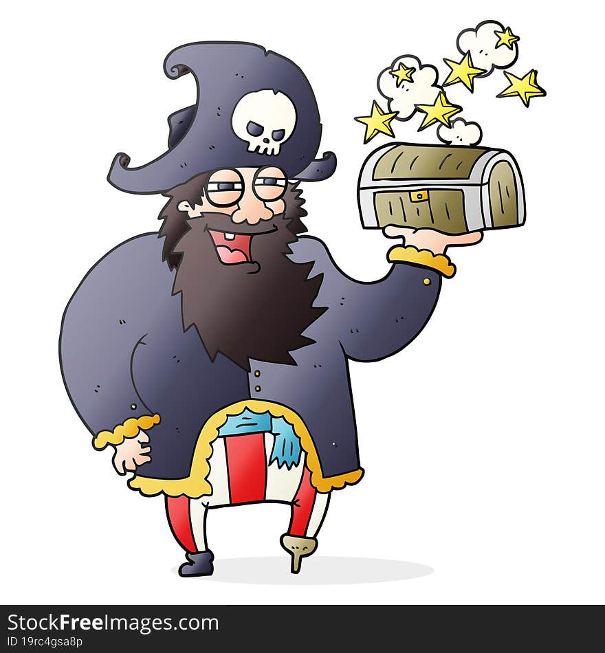 cartoon pirate captain with treasure chest