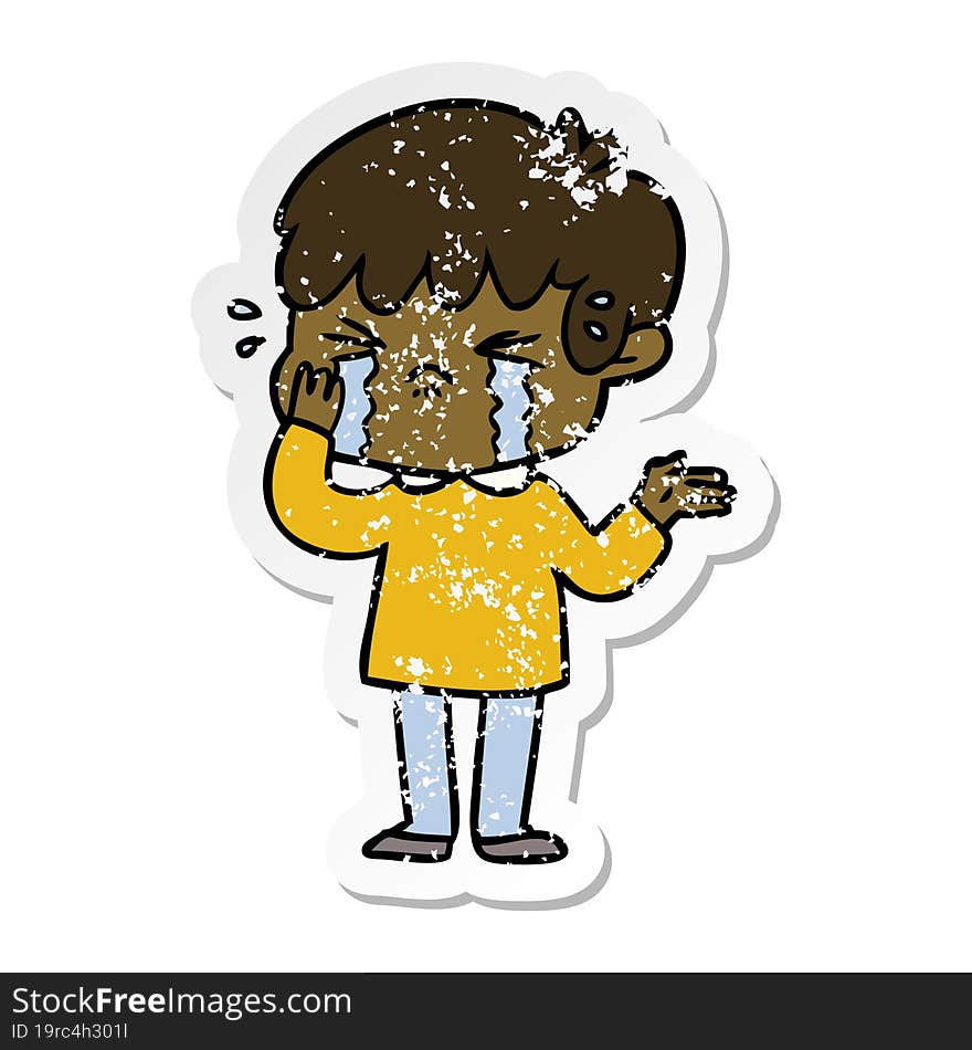 Distressed Sticker Of A Cartoon Boy Crying