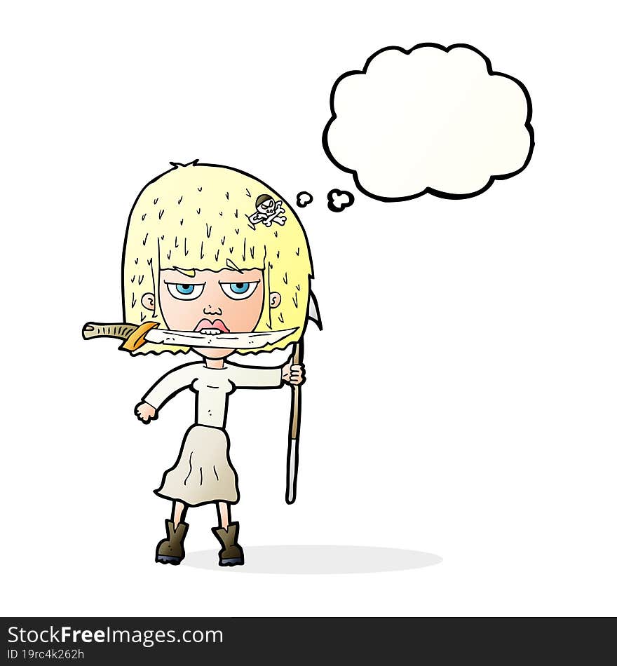 Cartoon Woman With Knife And Harpoon With Thought Bubble