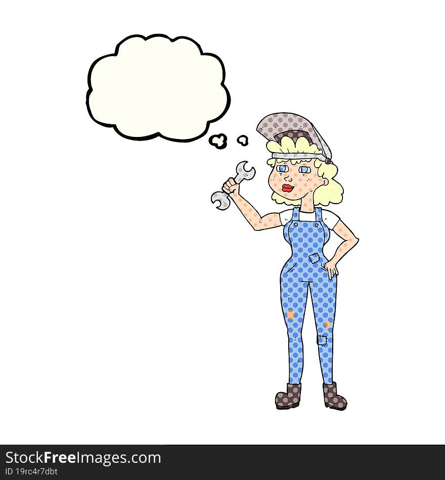 thought bubble cartoon woman with spanner