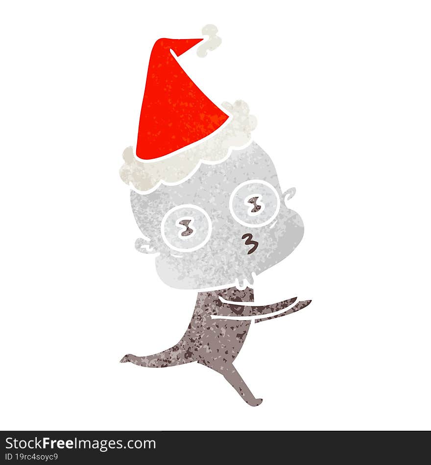 retro cartoon of a weird bald spaceman running wearing santa hat