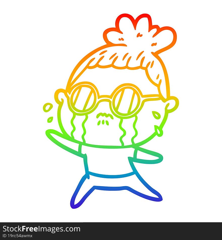 rainbow gradient line drawing cartoon crying woman wearing spectacles