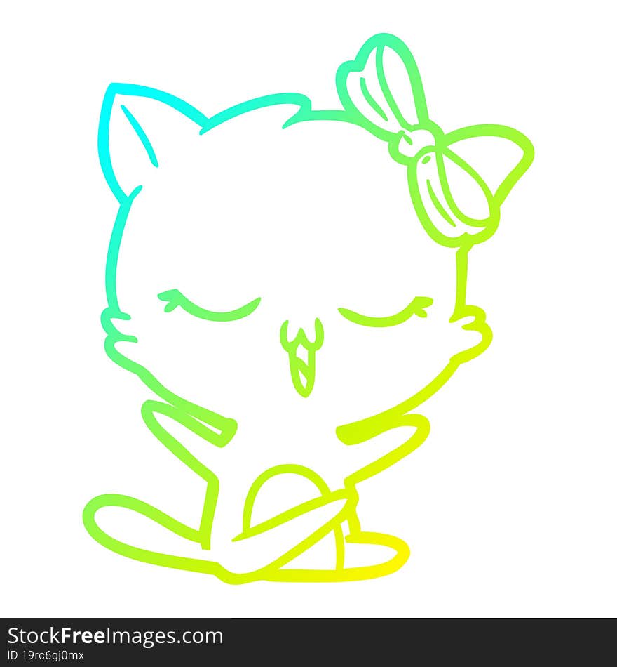 Cold Gradient Line Drawing Cartoon Cat With Bow On Head