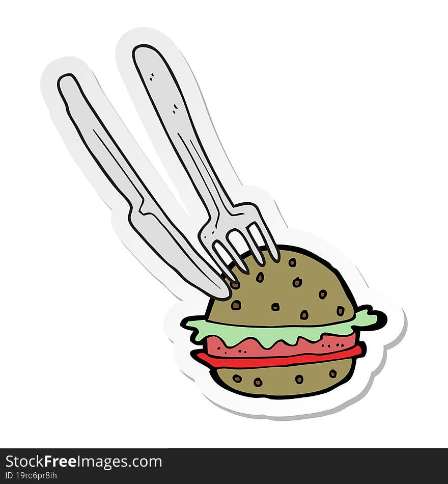 sticker of a cartoon knife and fork in burger