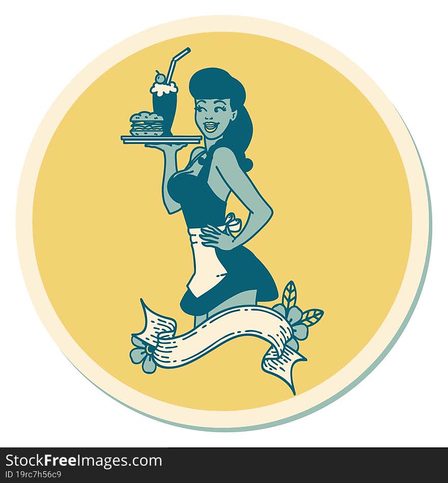 tattoo style sticker of a pinup waitress girl with banner