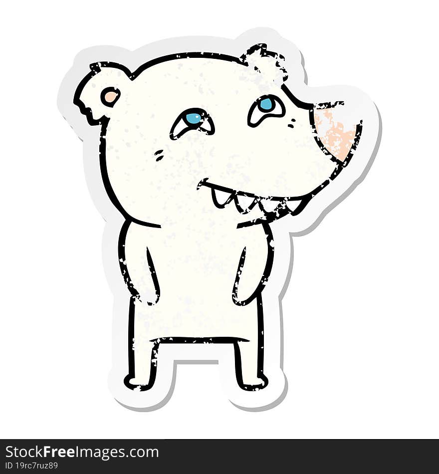 distressed sticker of a cartoon polar bear showing teeth