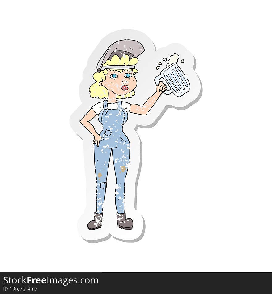 retro distressed sticker of a cartoon hard working woman with beer