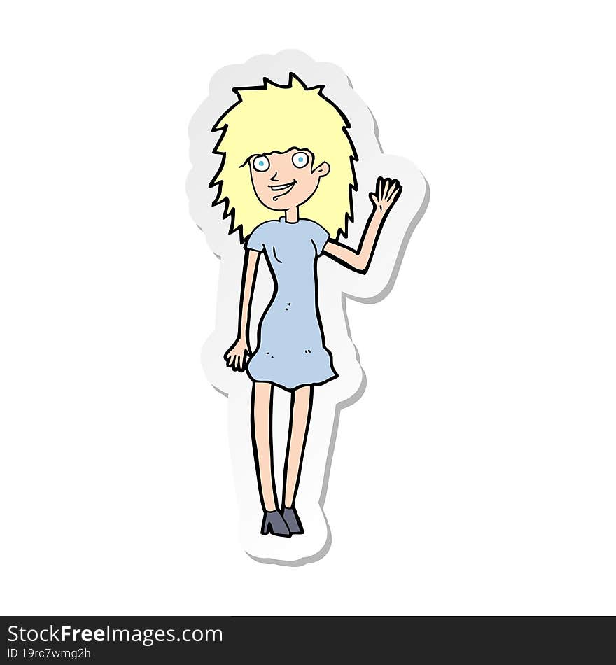 sticker of a cartoon happy woman waving