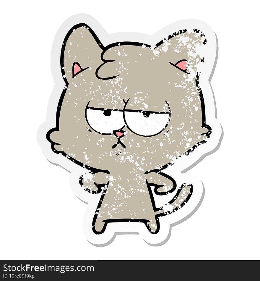 Distressed Sticker Of A Bored Cartoon Cat