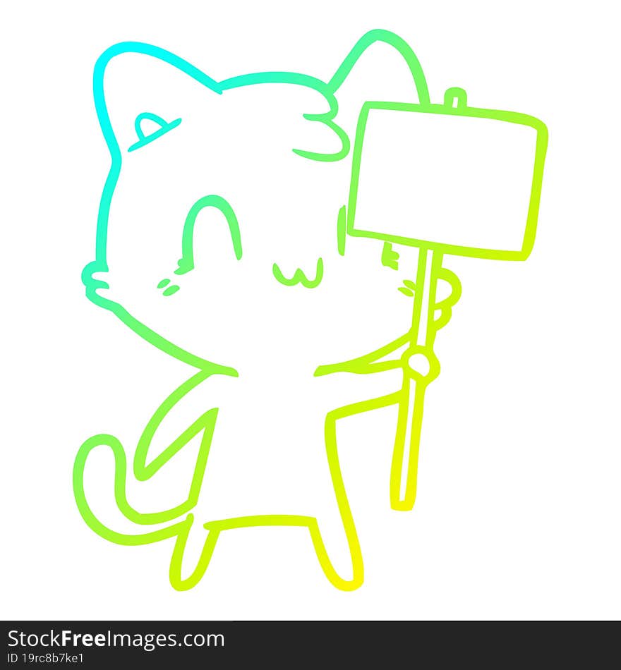 cold gradient line drawing cartoon happy cat with blank sign